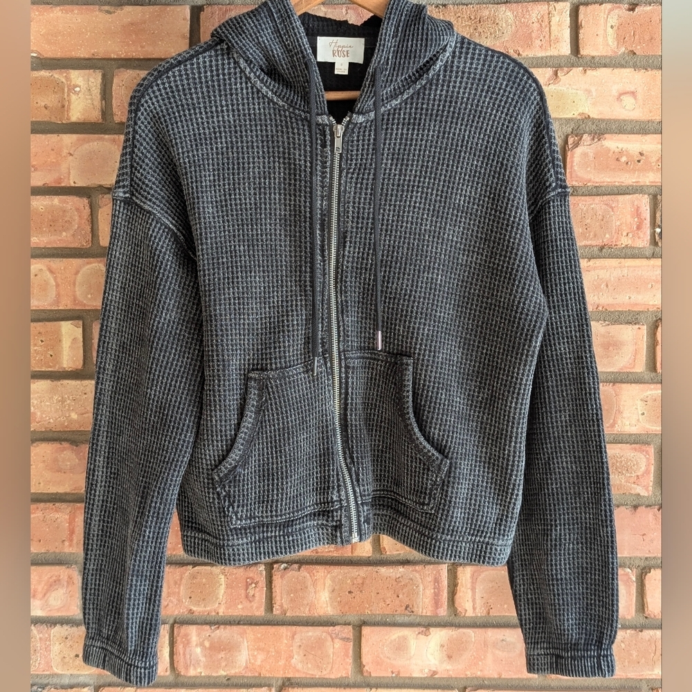 Hippie Rose Black and Gray Waffle knit Hoodie Sweatshirt